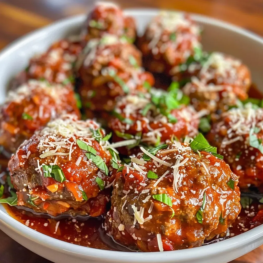 ['Juicy meatballs coated in marinara sauce, topped with melted mozzarella and served in a dish.', 'Close-up of saucy cottage cheese meatballs, showing rich texture and cheese toppings.', 'A side view of meatballs drizzled in marinara, garnished with cheese and herbs in a bowl.', 'Delicious cottage cheese meatballs with a glossy sauce, sprinkled with Parmesan and fresh herbs.']