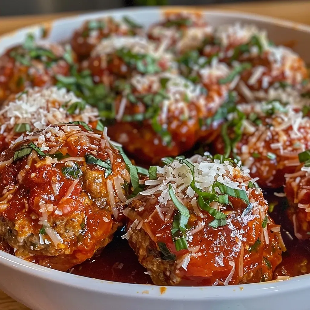 ['Juicy meatballs coated in marinara sauce, topped with melted mozzarella and served in a dish.', 'Close-up of saucy cottage cheese meatballs, showing rich texture and cheese toppings.', 'A side view of meatballs drizzled in marinara, garnished with cheese and herbs in a bowl.', 'Delicious cottage cheese meatballs with a glossy sauce, sprinkled with Parmesan and fresh herbs.']