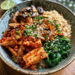 ['Close-up view of a Kimchi Grain Bowl filled with vibrant ingredients.', 'Side view of a Kimchi Grain Bowl showcasing colorful vegetables and grains.', 'Juicy Kimchi Grain Bowl captured from the side, highlighting textures and colors.', 'Detailed shot of a Kimchi Grain Bowl featuring rice, kimchi, and fresh greens.']