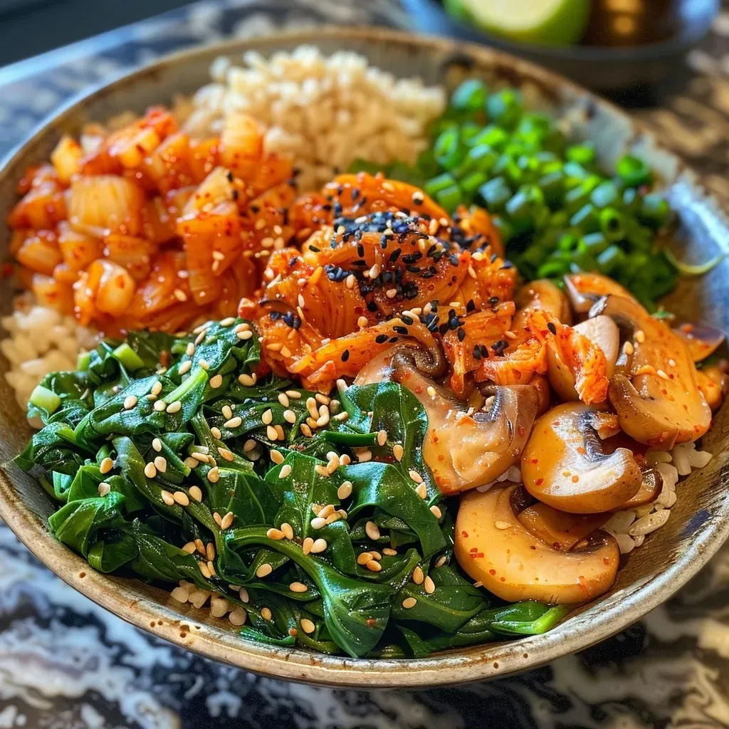 ['Close-up view of a Kimchi Grain Bowl filled with vibrant ingredients.', 'Side view of a Kimchi Grain Bowl showcasing colorful vegetables and grains.', 'Juicy Kimchi Grain Bowl captured from the side, highlighting textures and colors.', 'Detailed shot of a Kimchi Grain Bowl featuring rice, kimchi, and fresh greens.']