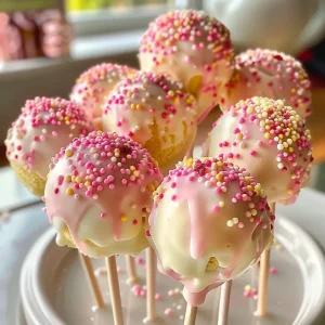 ['Close-up side view of colorful Lemon Raspberry Cake Pops with a glossy coating.', 'A collection of Lemon Raspberry Cake Pops, showcasing vibrant colors and decorative sprinkles.', 'Juicy lemon and raspberry-flavored cake pops arranged attractively on a platter.', 'Delicious cake pops with a lemon-yellow and raspberry-pink theme, ready to be enjoyed.']