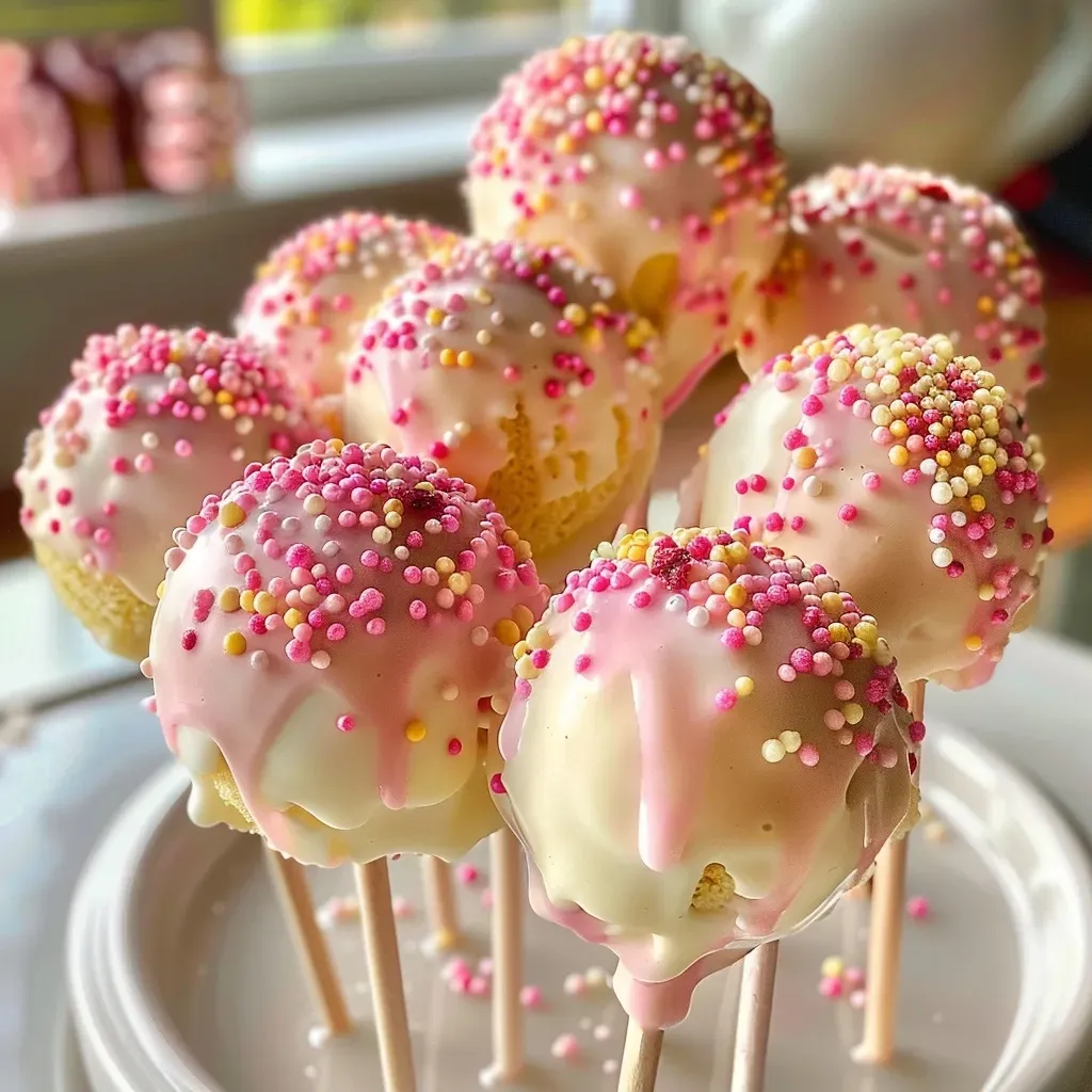 ['Close-up side view of colorful Lemon Raspberry Cake Pops with a glossy coating.', 'A collection of Lemon Raspberry Cake Pops, showcasing vibrant colors and decorative sprinkles.', 'Juicy lemon and raspberry-flavored cake pops arranged attractively on a platter.', 'Delicious cake pops with a lemon-yellow and raspberry-pink theme, ready to be enjoyed.']