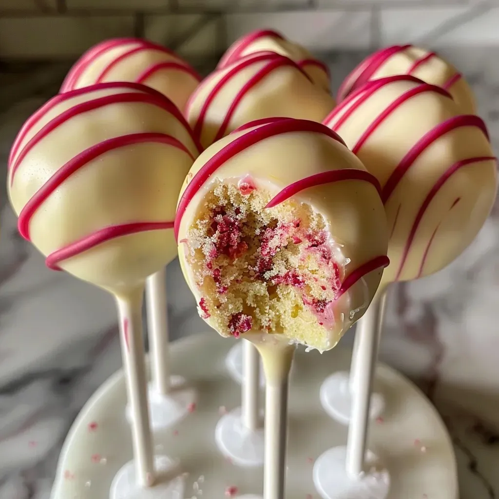 ['Close-up side view of colorful Lemon Raspberry Cake Pops with a glossy coating.', 'A collection of Lemon Raspberry Cake Pops, showcasing vibrant colors and decorative sprinkles.', 'Juicy lemon and raspberry-flavored cake pops arranged attractively on a platter.', 'Delicious cake pops with a lemon-yellow and raspberry-pink theme, ready to be enjoyed.']