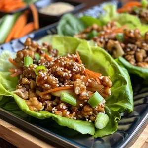 ['Close-up view of fresh lettuce wraps filled with colorful vegetables and a nut mixture.', 'Juicy lettuce wraps displayed from the side, showcasing vibrant ingredients inside.', 'Side shot of lettuce wraps, highlighting shredded carrots, red bell peppers, and walnut filling.', 'Detailed view of lettuce wraps with toppings, highlighting freshness and texture.']