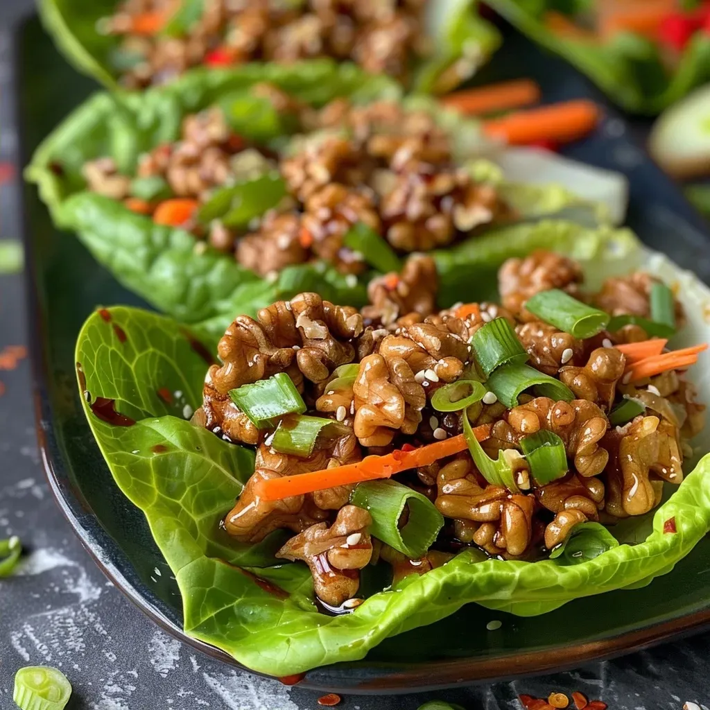['Close-up view of fresh lettuce wraps filled with colorful vegetables and a nut mixture.', 'Juicy lettuce wraps displayed from the side, showcasing vibrant ingredients inside.', 'Side shot of lettuce wraps, highlighting shredded carrots, red bell peppers, and walnut filling.', 'Detailed view of lettuce wraps with toppings, highlighting freshness and texture.']