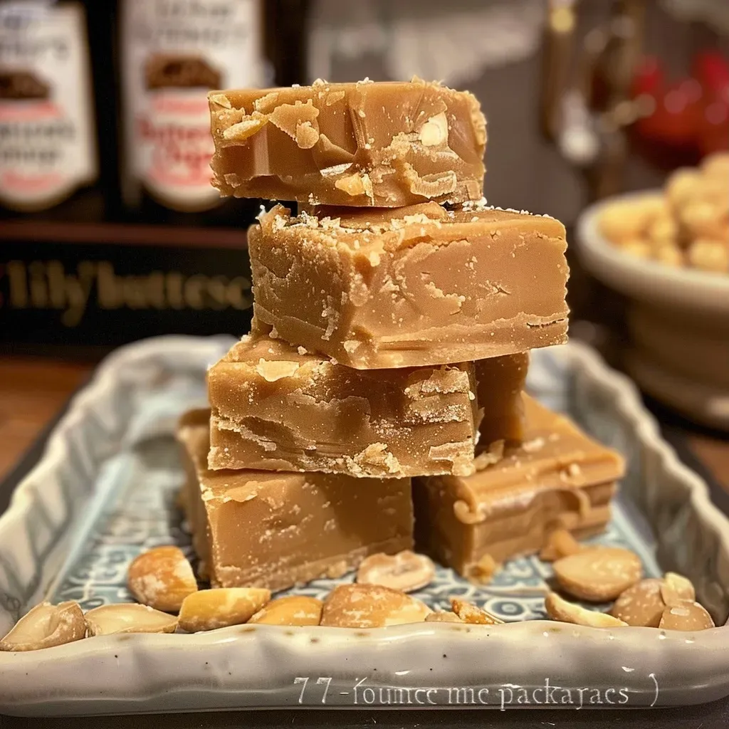 ['Close-up view of Low Carb Butterscotch Fudge with a shiny, smooth texture.', 'Side angle of creamy Low Carb Butterscotch Fudge decorated with chopped nuts.', 'Rich, golden Low Carb Butterscotch Fudge placed on a wooden board.', 'Deliciously soft Low Carb Butterscotch Fudge pieces arranged neatly on a plate.']