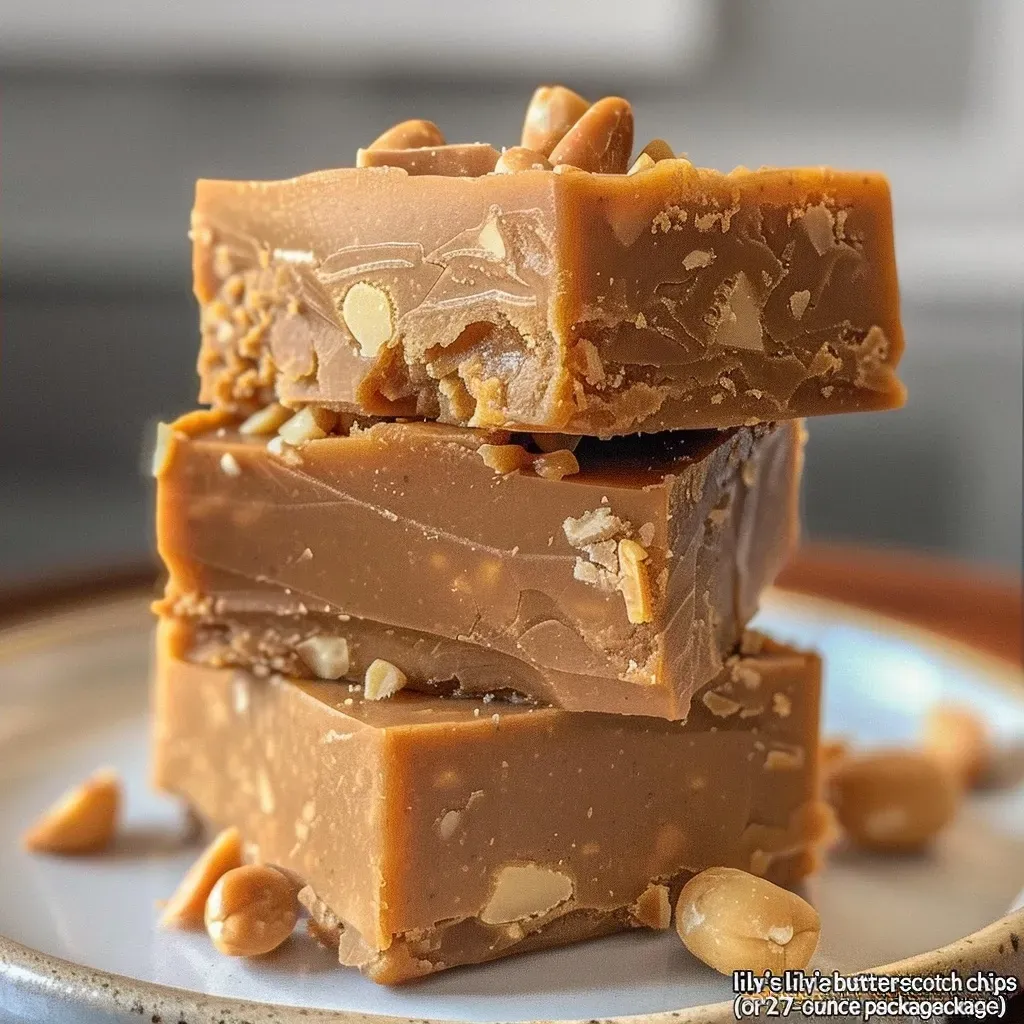 ['Close-up view of Low Carb Butterscotch Fudge with a shiny, smooth texture.', 'Side angle of creamy Low Carb Butterscotch Fudge decorated with chopped nuts.', 'Rich, golden Low Carb Butterscotch Fudge placed on a wooden board.', 'Deliciously soft Low Carb Butterscotch Fudge pieces arranged neatly on a plate.']