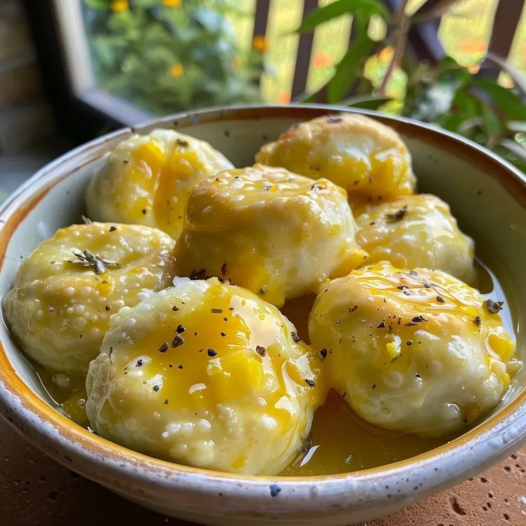 ['Close-up view of juicy Mango Passionfruit Quark Dumplings showing a golden-brown exterior.', 'Side angle of Mango Passionfruit Quark Dumplings, highlighting the rich, creamy filling.', 'Appetizing shot of Mango Passionfruit Quark Dumplings with a smooth surface and vibrant color.', 'Delicious Mango Passionfruit Quark Dumplings arranged attractively on a plate, showcasing their texture.']