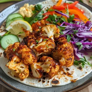 ['Close-up view of Maple BBQ Cauliflower Wraps with colorful ingredients.', 'Side view of delicious wraps filled with cauliflower, vegetables, and BBQ sauce.', 'Juicy Maple BBQ Cauliflower Wraps showcasing vibrant vegetables and textures.', 'Tasty wraps featuring battered cauliflower and fresh toppings in a neat arrangement.']