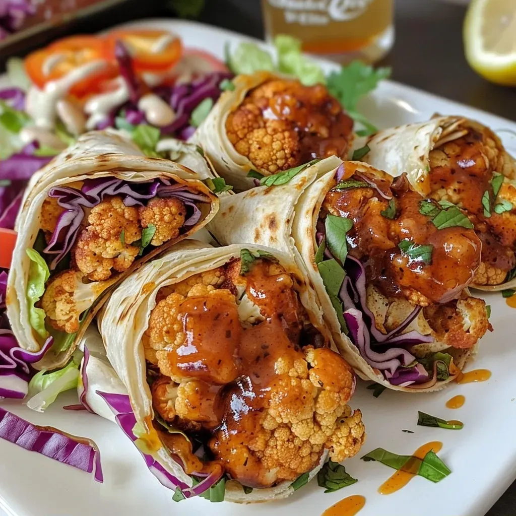 ['Close-up view of Maple BBQ Cauliflower Wraps with colorful ingredients.', 'Side view of delicious wraps filled with cauliflower, vegetables, and BBQ sauce.', 'Juicy Maple BBQ Cauliflower Wraps showcasing vibrant vegetables and textures.', 'Tasty wraps featuring battered cauliflower and fresh toppings in a neat arrangement.']