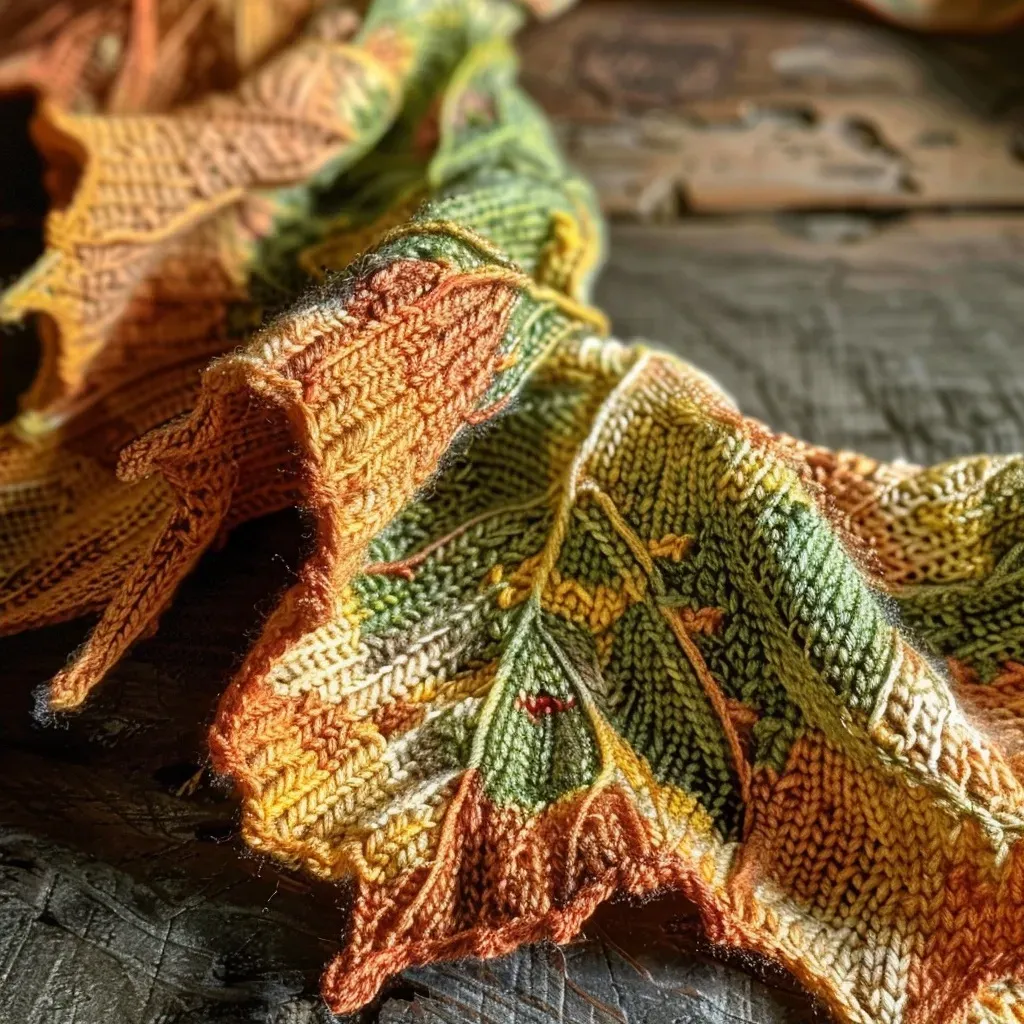 ['Close-up view of a Maple Leaf Shawl showcasing intricate knitting patterns.', 'Detailed side view of a knitted Maple Leaf Shawl, showing texture and color.', 'Close-up image of a Maple Leaf Shawl with vibrant yarn colors and patterns.', 'Side profile of a beautifully knitted shawl featuring a maple leaf design.']