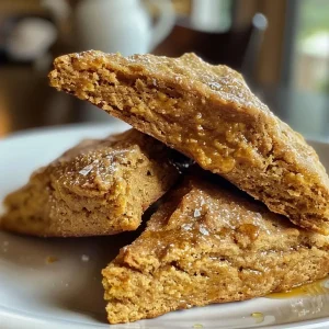 ['Close-up side view of golden-brown Maple Pumpkin Scones on a rustic wooden surface.', 'Deliciously baked Maple Pumpkin Scones with a shiny glaze, showcasing their texture and color.', 'A side view of warm Maple Pumpkin Scones, highlighting their flaky layers and rich pumpkin color.', 'Juicy Maple Pumpkin Scones arranged aesthetically on a plate, emphasizing their soft texture.']