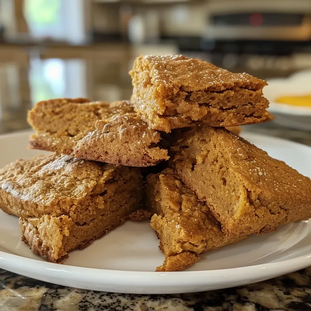 ['Close-up side view of golden-brown Maple Pumpkin Scones on a rustic wooden surface.', 'Deliciously baked Maple Pumpkin Scones with a shiny glaze, showcasing their texture and color.', 'A side view of warm Maple Pumpkin Scones, highlighting their flaky layers and rich pumpkin color.', 'Juicy Maple Pumpkin Scones arranged aesthetically on a plate, emphasizing their soft texture.']