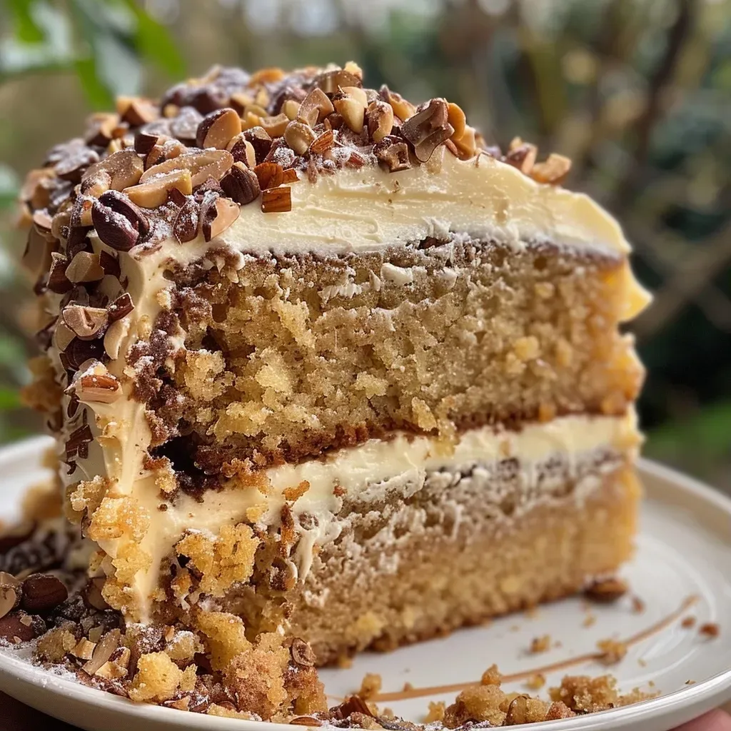 ["Close-up side view of Mary Berry's coffee and praline cake showcasing its rich layers and glossy icing.", "Side view of a slice of Mary Berry's coffee and praline cake with chocolate swirls and hazelnut topping.", 'Detailed image of a moist coffee and praline cake by Mary Berry, highlighting its creamy texture and nuts.', "Close-up of Mary Berry's coffee and praline cake revealing the intricate decoration and layered filling."]