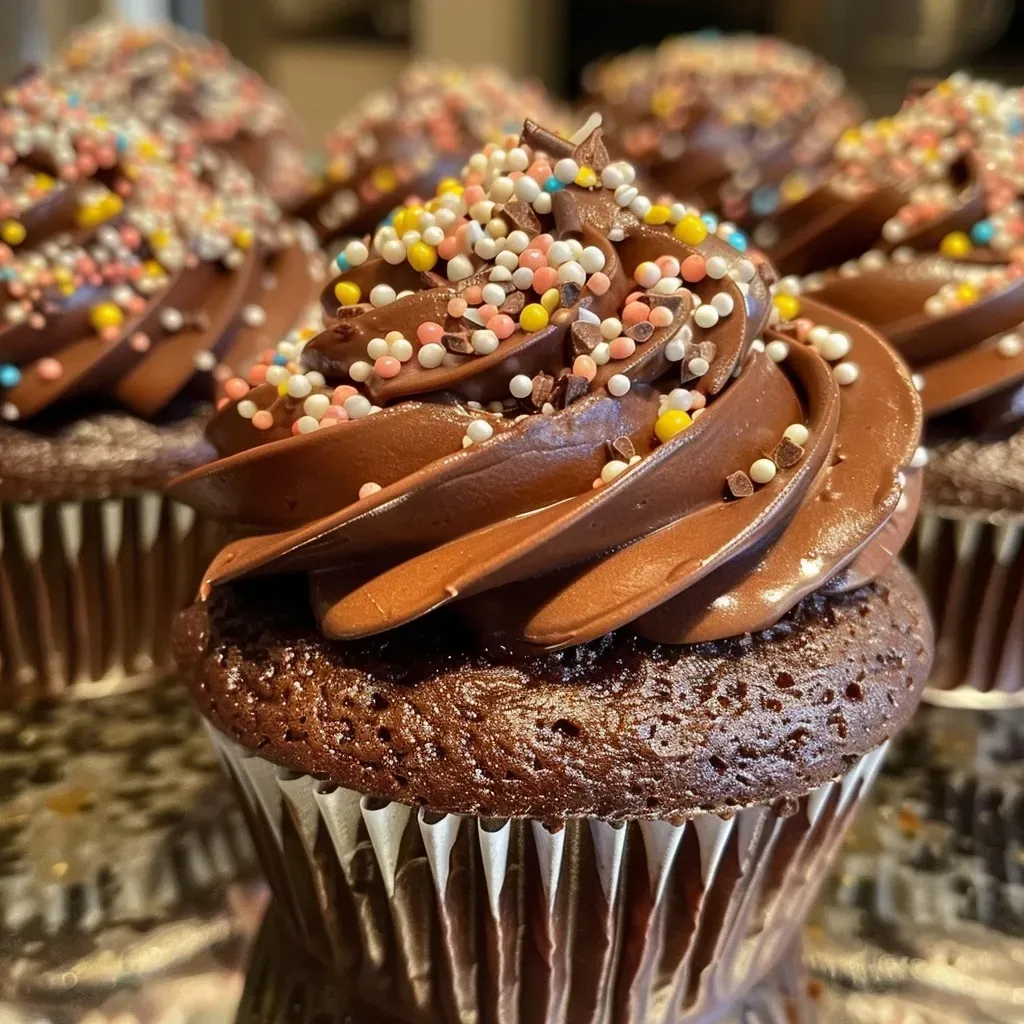 ['Close-up side view of moist chocolate cupcakes topped with a glossy frosting.', 'Juicy chocolate cupcakes displayed on a white plate, showcasing rich chocolate layers.', 'A detailed shot of chocolate cupcakes, highlighting their moist texture and decoration.', 'Side view of freshly baked chocolate cupcakes, featuring tempting chocolate ganache.']