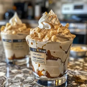 ['Close-up view of a creamy Molasses Peanut Butter Mousse in a glass bowl.', 'Side view of a luscious peanut butter mousse topped with whipped cream and drizzled molasses.', 'Rich and smooth Molasses Peanut Butter Mousse served in a clear dish with decorative toppings.', 'A delectable serving of peanut butter mousse highlighted with a glossy molasses drizzle.']