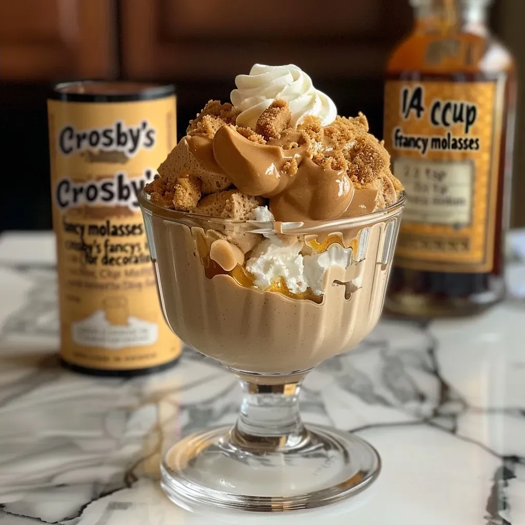 ['Close-up view of a creamy Molasses Peanut Butter Mousse in a glass bowl.', 'Side view of a luscious peanut butter mousse topped with whipped cream and drizzled molasses.', 'Rich and smooth Molasses Peanut Butter Mousse served in a clear dish with decorative toppings.', 'A delectable serving of peanut butter mousse highlighted with a glossy molasses drizzle.']