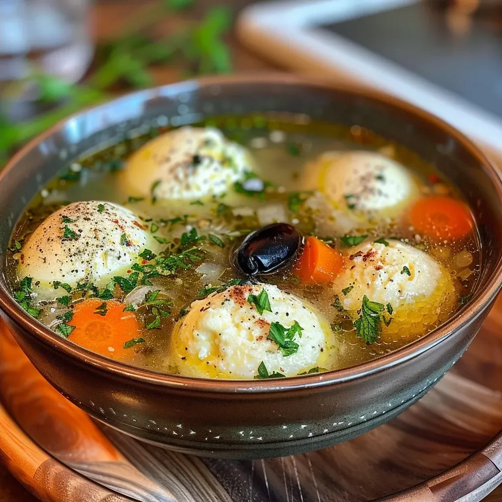 ['Close-up view of a bowl of vibrant Monster Ball Soup with a hard-boiled egg and black olive.', 'Juicy Monster Ball Soup featuring colorful ingredients and a smooth texture, captured from the side.', 'A side view of Monster Ball Soup showcasing its rich color and garnishes ready to be served.', 'Delicious Monster Ball Soup in a bowl with visible chunks of carrot, served with a hard-boiled egg.']