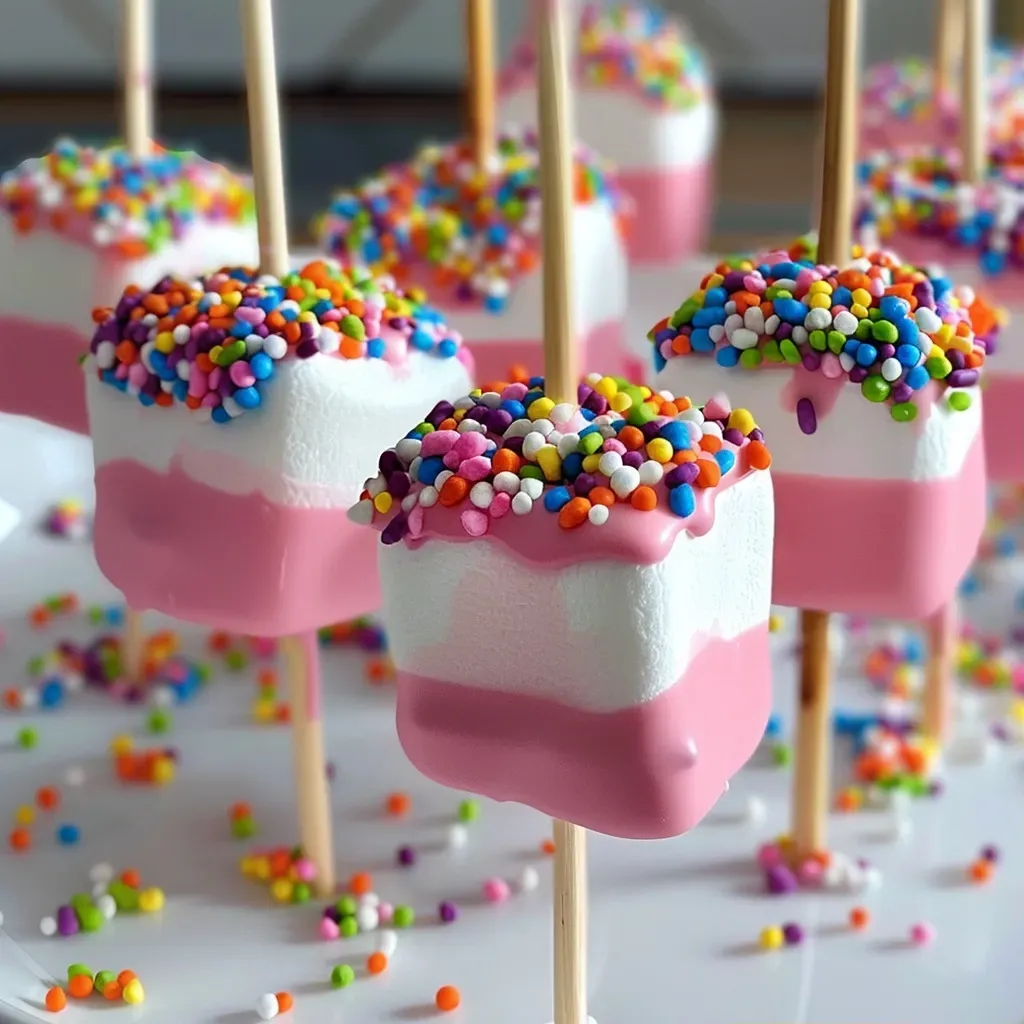 ['Close-up of colorful Monster Marshmallow Pops decorated with icing and sprinkles.', 'Side view of delicious Monster Marshmallow Pops featuring vibrant candy melts and edible decorations.', 'A detailed image of marshmallow pops in various colors, topped with festive sprinkles and icing.', 'Juicy Monster Marshmallow Pops displayed with an array of colorful toppings and decorations.']