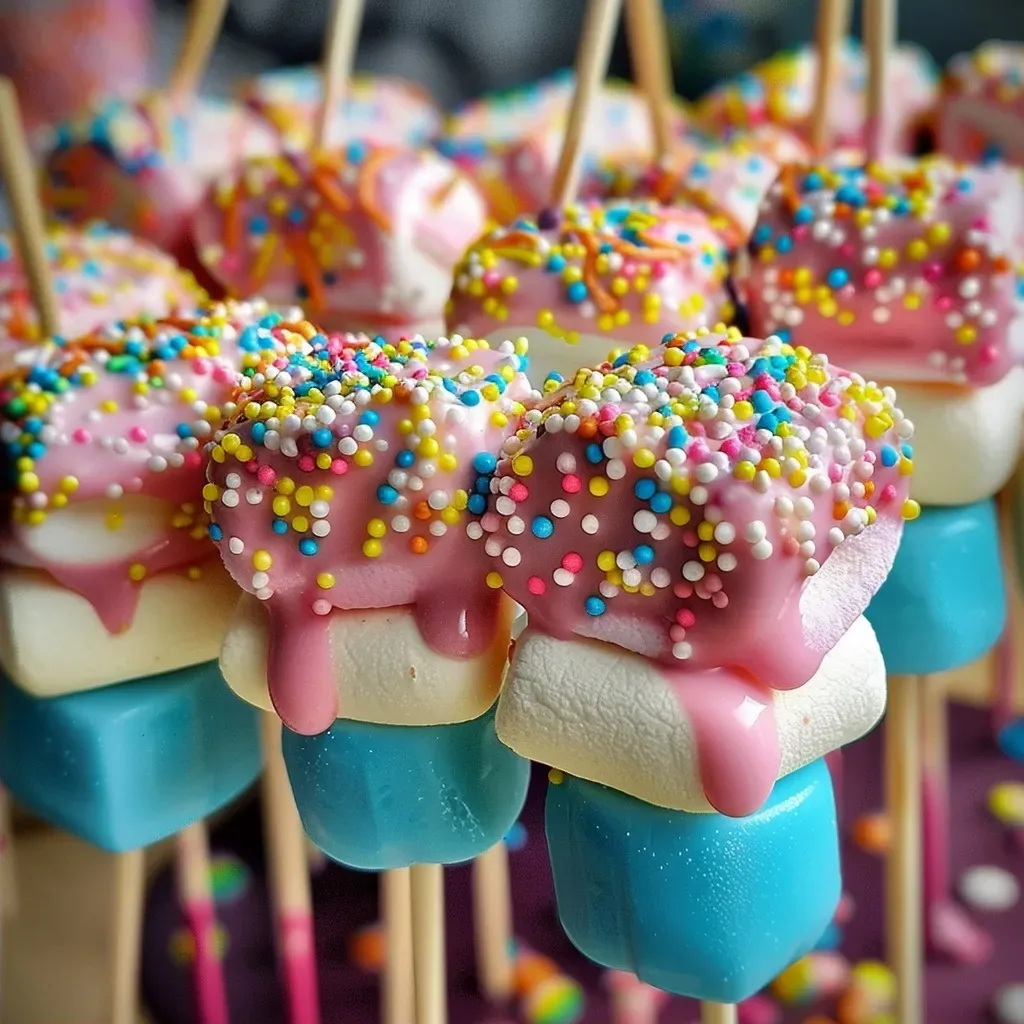 ['Close-up of colorful Monster Marshmallow Pops decorated with icing and sprinkles.', 'Side view of delicious Monster Marshmallow Pops featuring vibrant candy melts and edible decorations.', 'A detailed image of marshmallow pops in various colors, topped with festive sprinkles and icing.', 'Juicy Monster Marshmallow Pops displayed with an array of colorful toppings and decorations.']