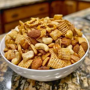 ['Close-up view of Moon Cheese Chex Snack Mix with colorful ingredients.', 'Side view of a delicious mix showing Chex cereals, pretzels, and nuts.', 'Detailed view of Moon Cheese Chex Snack Mix featuring various textures.', 'A bowl filled with Moon Cheese Chex Snack Mix, highlighting its crunchy components.']