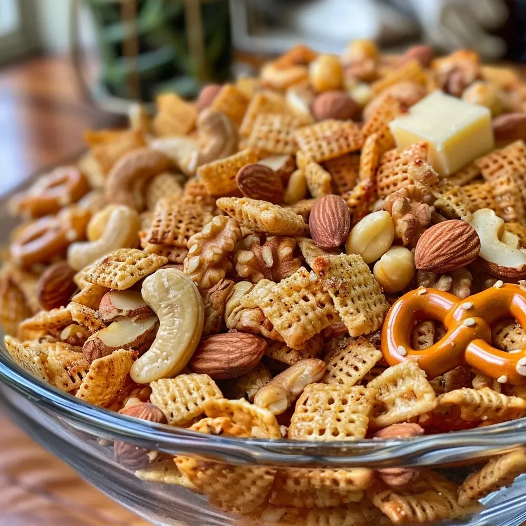 ['Close-up view of Moon Cheese Chex Snack Mix with colorful ingredients.', 'Side view of a delicious mix showing Chex cereals, pretzels, and nuts.', 'Detailed view of Moon Cheese Chex Snack Mix featuring various textures.', 'A bowl filled with Moon Cheese Chex Snack Mix, highlighting its crunchy components.']