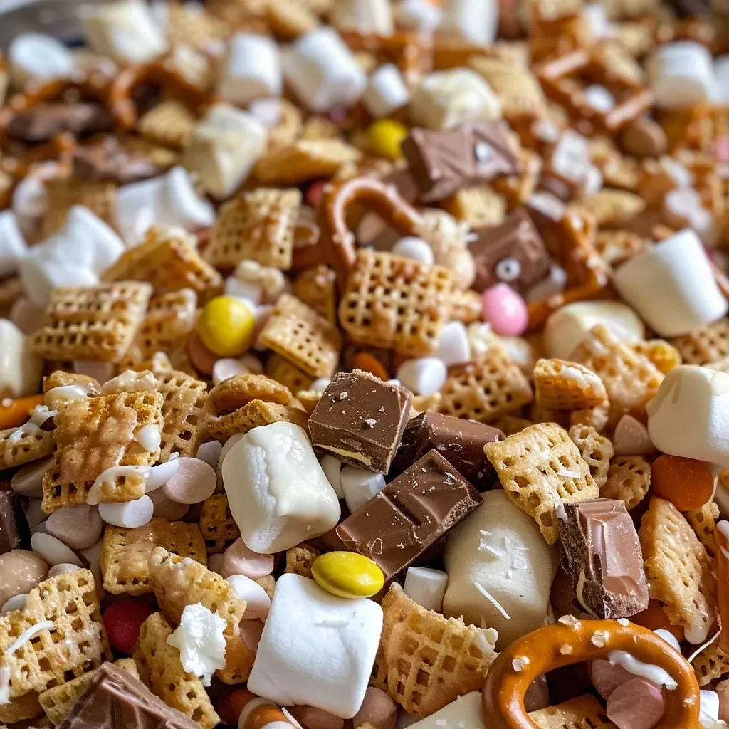 ['Close-up of Mummy Chex Mix in a bowl, decorated for Halloween.', 'Side view of a colorful Mummy Chex Mix with candy eyes and pretzels.', 'A delicious Mummy Chex Mix featuring marshmallows and coconut.', 'Mummy Chex Mix displayed in a festive setting with spooky decorations.']