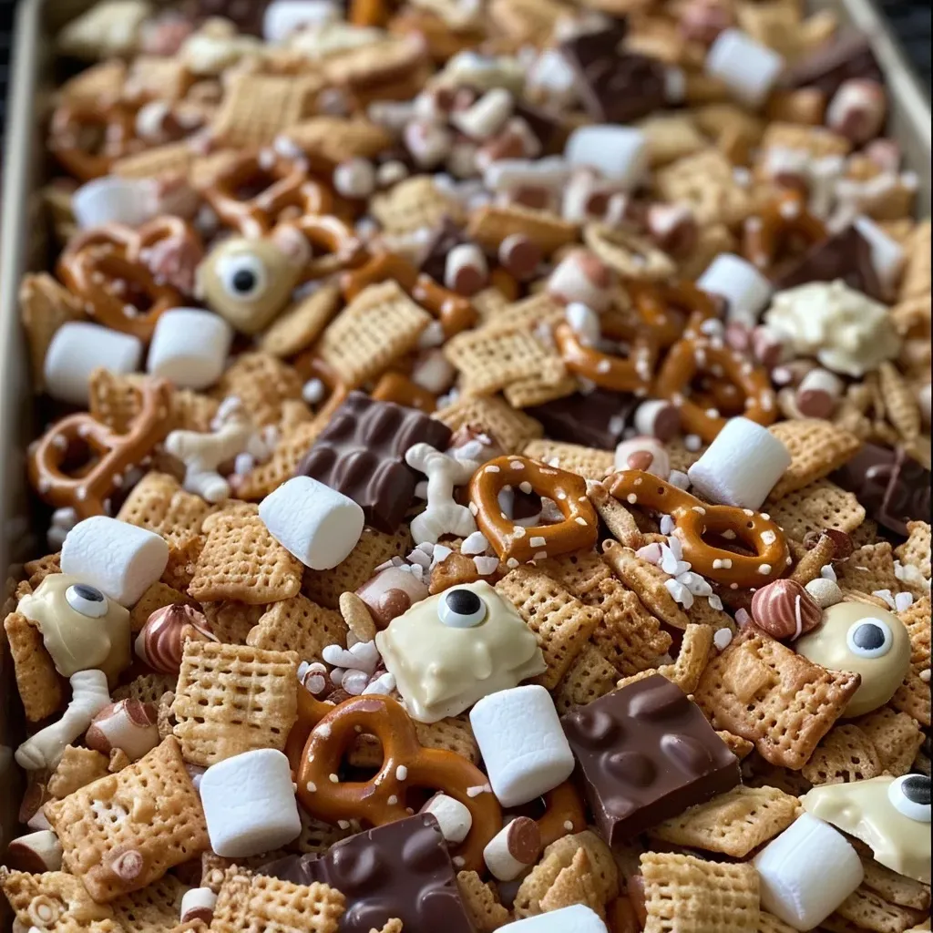 ['Close-up of Mummy Chex Mix in a bowl, decorated for Halloween.', 'Side view of a colorful Mummy Chex Mix with candy eyes and pretzels.', 'A delicious Mummy Chex Mix featuring marshmallows and coconut.', 'Mummy Chex Mix displayed in a festive setting with spooky decorations.']