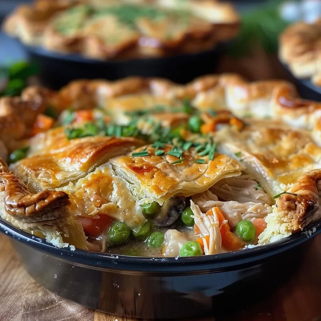 ['Close-up of Mummy Chicken Pot Pies decorated with candy eyes.', 'Juicy Mummy Chicken Pot Pies with a flaky crust and spooky eyes.', 'Side view of delicious chicken pot pies with a mummy theme.', 'Mummy Chicken Pot Pies featuring a golden crust and festive eyes.']