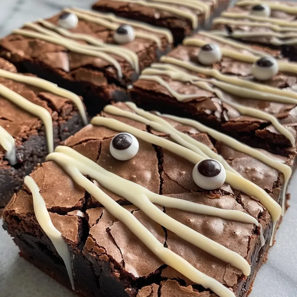 ['Close-up view of Mummy Halloween Brownies with candy eyeballs.', 'Side view of decorated brownies resembling mummies for Halloween.', 'Juicy Halloween brownies topped with white icing and candy eyes.', 'Brownies styled as mummies, featuring spooky candy eyeballs.']