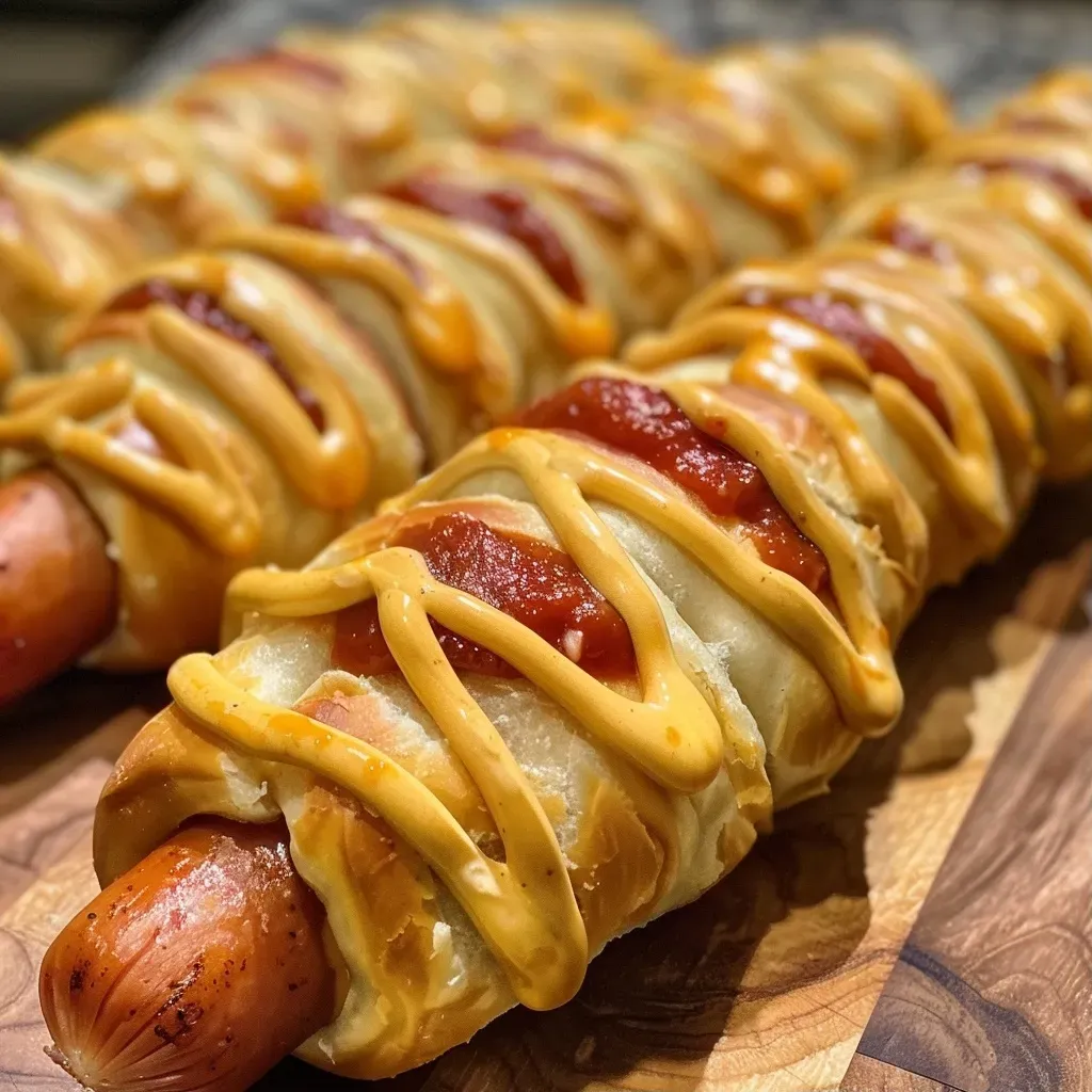 ['Close-up view of Mummy Hot Dogs wrapped in crescent dough with mustard and ketchup.', 'Juicy Mummy Hot Dogs with a golden crescent dough exterior and dipping sauces.', 'Side view of Mummy Hot Dogs featuring crescent dough stripes and creamy cheese dip.', 'Deliciously baked Mummy Hot Dogs garnished with mustard and spicy ketchup.']