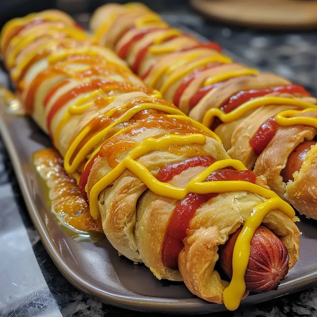 ['Close-up view of Mummy Hot Dogs wrapped in crescent dough with mustard and ketchup.', 'Juicy Mummy Hot Dogs with a golden crescent dough exterior and dipping sauces.', 'Side view of Mummy Hot Dogs featuring crescent dough stripes and creamy cheese dip.', 'Deliciously baked Mummy Hot Dogs garnished with mustard and spicy ketchup.']