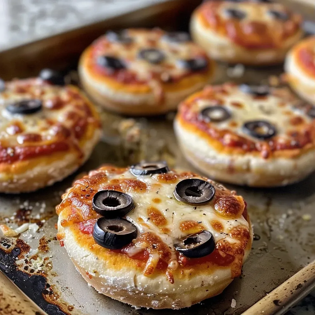 ['Close-up of Mummy Mini Pizzas made from English muffins with black olives as eyes.', 'Side view of Mummy Mini Pizzas displaying melted mozzarella cheese and pizza sauce.', 'Juicy Mummy Mini Pizzas arranged on a baking sheet, featuring spooky olive decorations.', 'Delicious Mummy Mini Pizzas with string cheese bandages and sauce, ready to eat.']