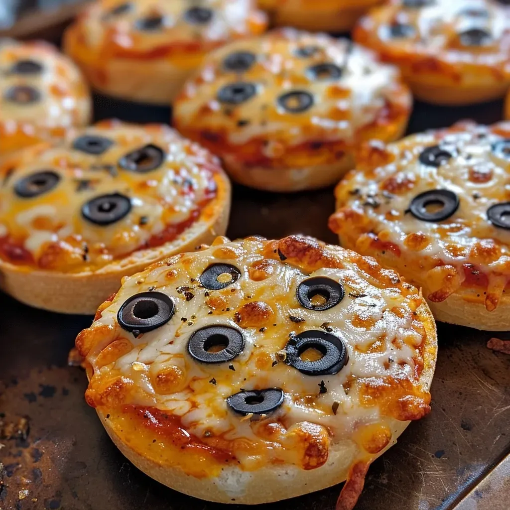 ['Close-up of Mummy Mini Pizzas made from English muffins with black olives as eyes.', 'Side view of Mummy Mini Pizzas displaying melted mozzarella cheese and pizza sauce.', 'Juicy Mummy Mini Pizzas arranged on a baking sheet, featuring spooky olive decorations.', 'Delicious Mummy Mini Pizzas with string cheese bandages and sauce, ready to eat.']