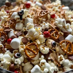 ['A close-up of Mummy Munch Snack Mix featuring popcorn, pretzel nuggets, and candy eyeballs.', 'Side view of a colorful snack mix with white chocolate, pretzels, and marshmallows in a bowl.', 'A detailed image of Mummy Munch Snack Mix showcasing its sweet and savory ingredients.', 'An appetizing display of Mummy Munch Snack Mix highlighting its unique textures and colors.']
