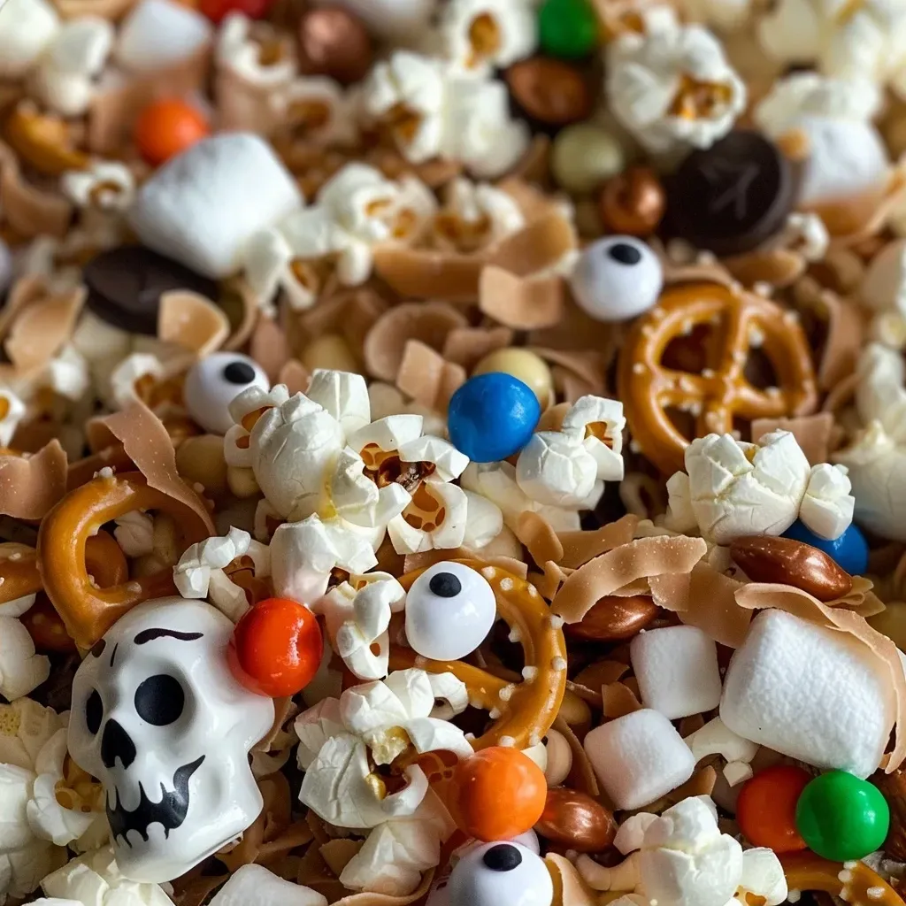 ['A close-up of Mummy Munch Snack Mix featuring popcorn, pretzel nuggets, and candy eyeballs.', 'Side view of a colorful snack mix with white chocolate, pretzels, and marshmallows in a bowl.', 'A detailed image of Mummy Munch Snack Mix showcasing its sweet and savory ingredients.', 'An appetizing display of Mummy Munch Snack Mix highlighting its unique textures and colors.']