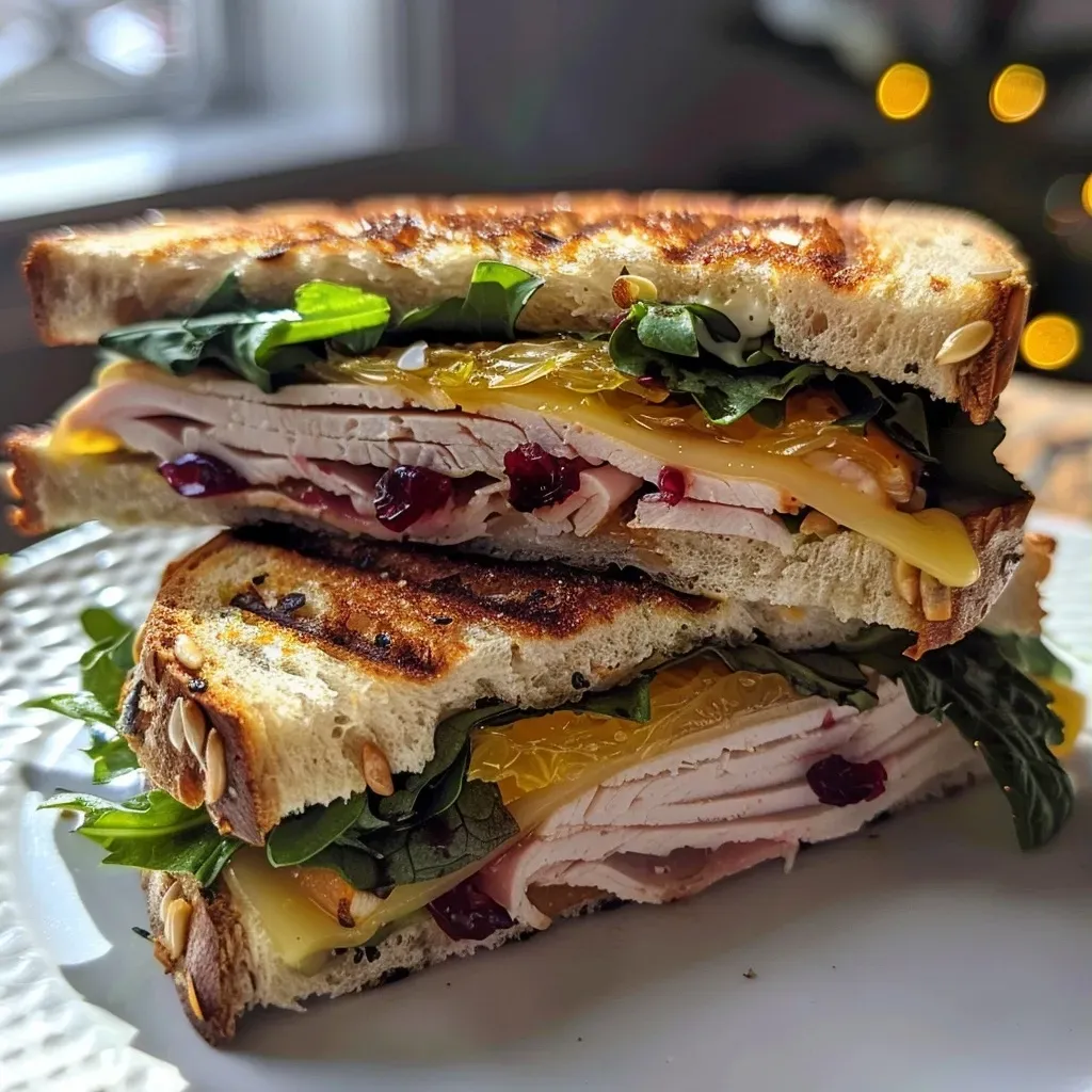 ['A close-up view of a New Englander Panini made with marble rye bread, filled with roasted turkey, Vermont cheddar, and cranberry orange mayo.', 'Side view of a juicy New Englander Panini showcasing layers of turkey, cheese, and lettuce, on a marble rye bread with cranberry orange mayo.', 'Delicious New Englander Panini with a golden crust, featuring cranberry orange mayo, turkey, and cheese, against a neutral background.', 'A detailed shot of a marble rye Panini, highlighting the fillings of roasted turkey, cheddar cheese, and cranberry mayo.']