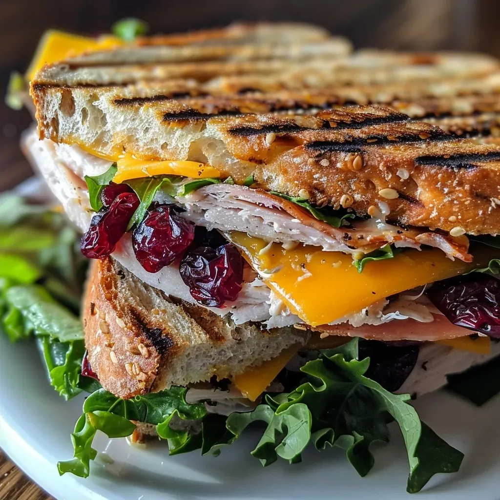 ['A close-up view of a New Englander Panini made with marble rye bread, filled with roasted turkey, Vermont cheddar, and cranberry orange mayo.', 'Side view of a juicy New Englander Panini showcasing layers of turkey, cheese, and lettuce, on a marble rye bread with cranberry orange mayo.', 'Delicious New Englander Panini with a golden crust, featuring cranberry orange mayo, turkey, and cheese, against a neutral background.', 'A detailed shot of a marble rye Panini, highlighting the fillings of roasted turkey, cheddar cheese, and cranberry mayo.']