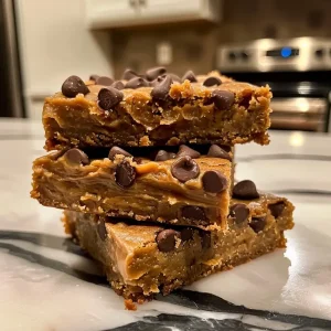 ['A close-up side view of No Bake Healthy Chocolate Chip Blondies, showing their soft texture and chocolate chips.', 'Sliced No Bake Healthy Chocolate Chip Blondies displayed on a plate, highlighting the gooey interior.', 'A side view of a stack of No Bake Healthy Chocolate Chip Blondies with visible chocolate chips and a golden hue.', 'Juicy No Bake Healthy Chocolate Chip Blondies arranged neatly, showcasing their rich ingredients.']