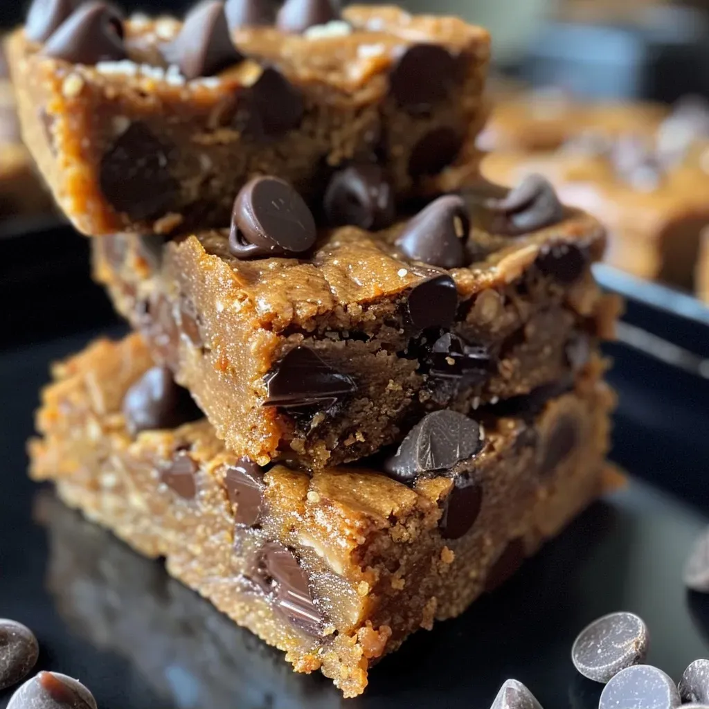 ['A close-up side view of No Bake Healthy Chocolate Chip Blondies, showing their soft texture and chocolate chips.', 'Sliced No Bake Healthy Chocolate Chip Blondies displayed on a plate, highlighting the gooey interior.', 'A side view of a stack of No Bake Healthy Chocolate Chip Blondies with visible chocolate chips and a golden hue.', 'Juicy No Bake Healthy Chocolate Chip Blondies arranged neatly, showcasing their rich ingredients.']