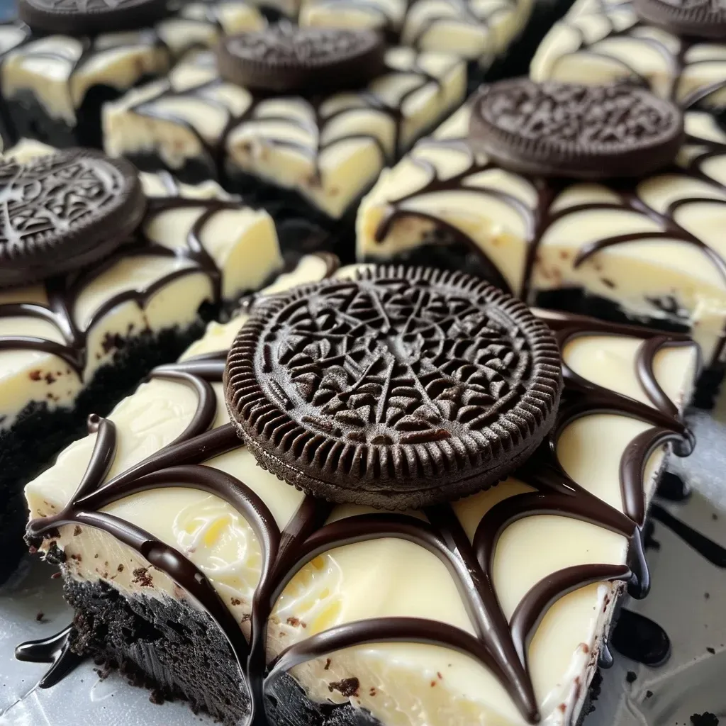 ['Close-up view of No-Bake Spider Web Cheesecake Bites arranged on a plate.', 'Side angle of individual cheesecake bites topped with a spider web design.', 'A collection of Spider Web Cheesecake Bites with a dark chocolate drizzle.', 'Creamy cheesecake bites featuring a whimsical web decoration for Halloween.']