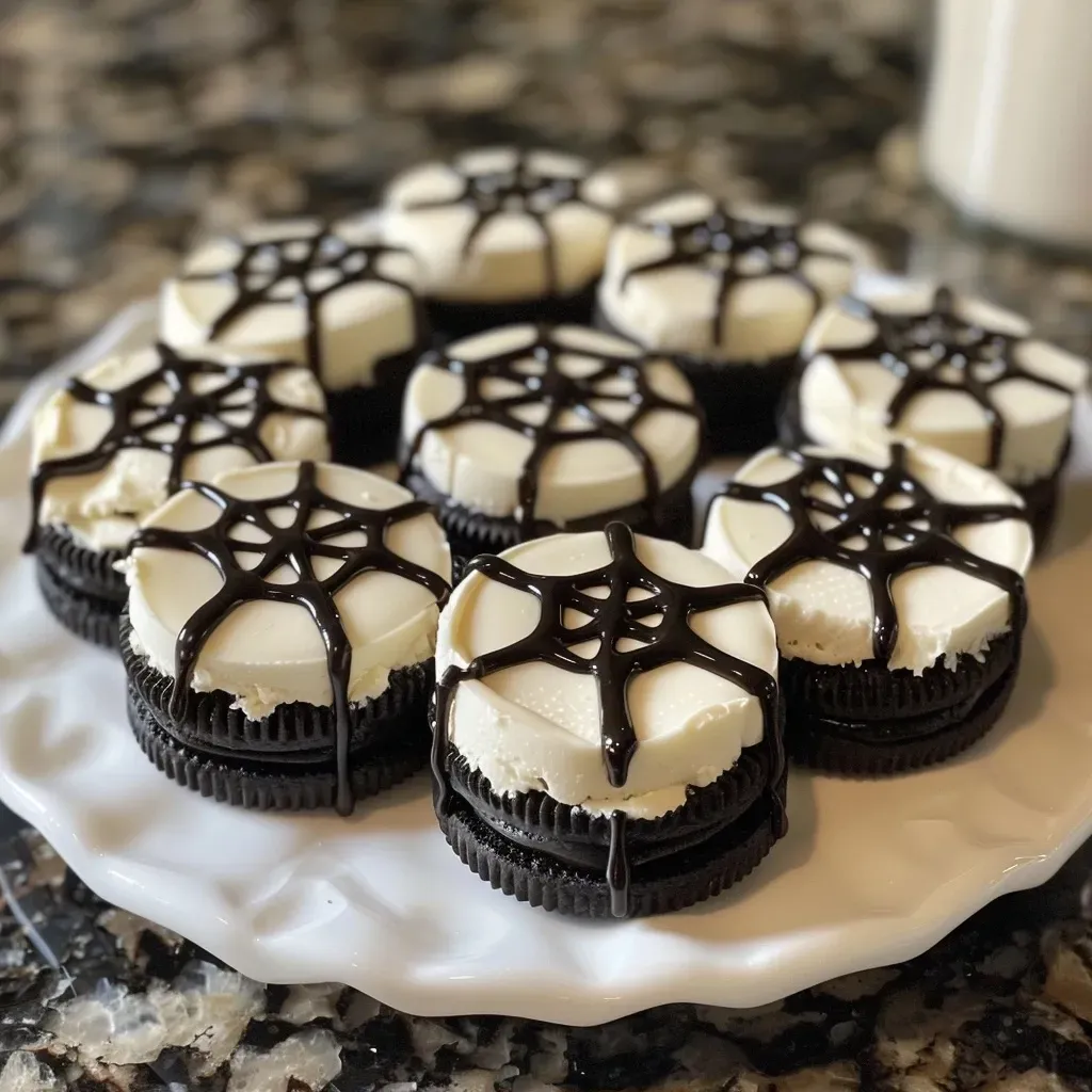 ['Close-up view of No-Bake Spider Web Cheesecake Bites arranged on a plate.', 'Side angle of individual cheesecake bites topped with a spider web design.', 'A collection of Spider Web Cheesecake Bites with a dark chocolate drizzle.', 'Creamy cheesecake bites featuring a whimsical web decoration for Halloween.']