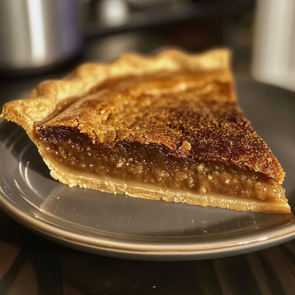 ['A close-up view of a slice of Old Fashioned Molasses Pie with a crumb topping.', 'Side view of a delicious Old Fashioned Molasses Pie, showcasing its rich filling and crumb crust.', 'Juicy Old Fashioned Molasses Pie presented in a pie dish, highlighting its textured topping.', 'A perfectly baked Old Fashioned Molasses Pie slice, emphasizing its golden brown crust and shiny filling.']