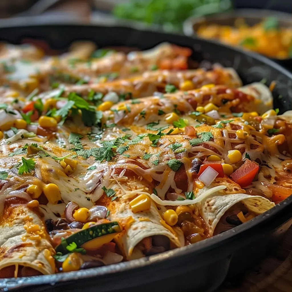 ['Close-up view of colorful One Pot Stove Top Enchiladas with vibrant vegetables and melted cheese.', 'Juicy enchiladas in a skillet, featuring corn tortillas and fresh summer vegetables.', 'Side view of a delicious one-pot dish with cheese, black beans, and assorted diced vegetables.', 'An appetizing plate of enchiladas topped with melted cheese and garnished with cilantro.']