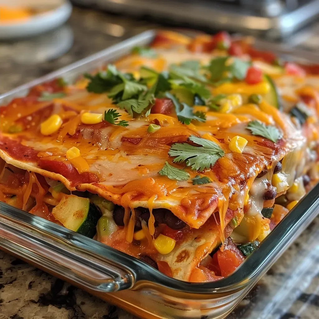 ['Close-up view of colorful One Pot Stove Top Enchiladas with vibrant vegetables and melted cheese.', 'Juicy enchiladas in a skillet, featuring corn tortillas and fresh summer vegetables.', 'Side view of a delicious one-pot dish with cheese, black beans, and assorted diced vegetables.', 'An appetizing plate of enchiladas topped with melted cheese and garnished with cilantro.']
