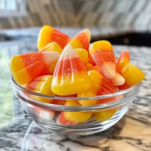 ['Close-up view of vibrant orange candy corn arranged beautifully.', 'Side view of homemade orange candy corn with a glossy finish.', 'Juicy orange candy corn displayed on a wooden table.', 'Bright orange candy corn with yellow and white accents, glistening.']