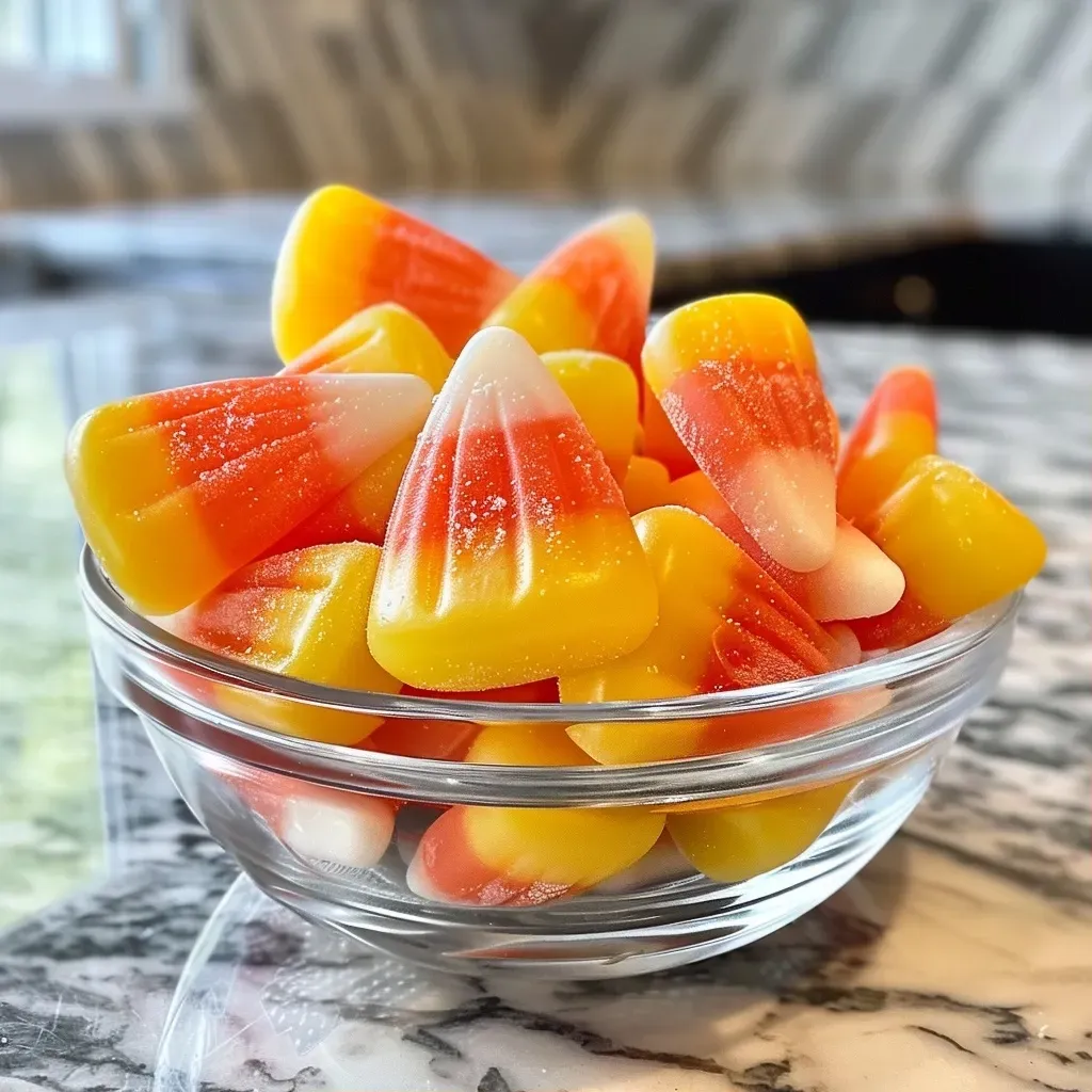 ['Close-up view of vibrant orange candy corn arranged beautifully.', 'Side view of homemade orange candy corn with a glossy finish.', 'Juicy orange candy corn displayed on a wooden table.', 'Bright orange candy corn with yellow and white accents, glistening.']