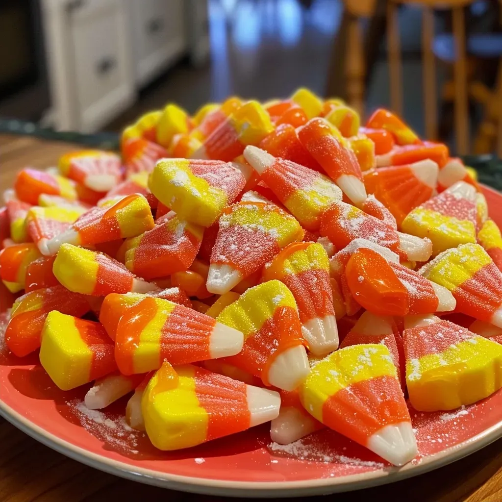 ['Close-up view of vibrant orange candy corn arranged beautifully.', 'Side view of homemade orange candy corn with a glossy finish.', 'Juicy orange candy corn displayed on a wooden table.', 'Bright orange candy corn with yellow and white accents, glistening.']