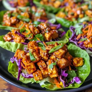 ['A close-up view of bright orange gochujang tempeh inside a crisp lettuce cup.', 'Juicy tempeh mixture with orange glaze, nestled in fresh lettuce leaves.', 'Side angle of colorful tempeh lettuce cups topped with sesame seeds and cilantro.', 'Vibrant lettuce cups filled with orange gochujang tempeh and garnished with purple cabbage.']