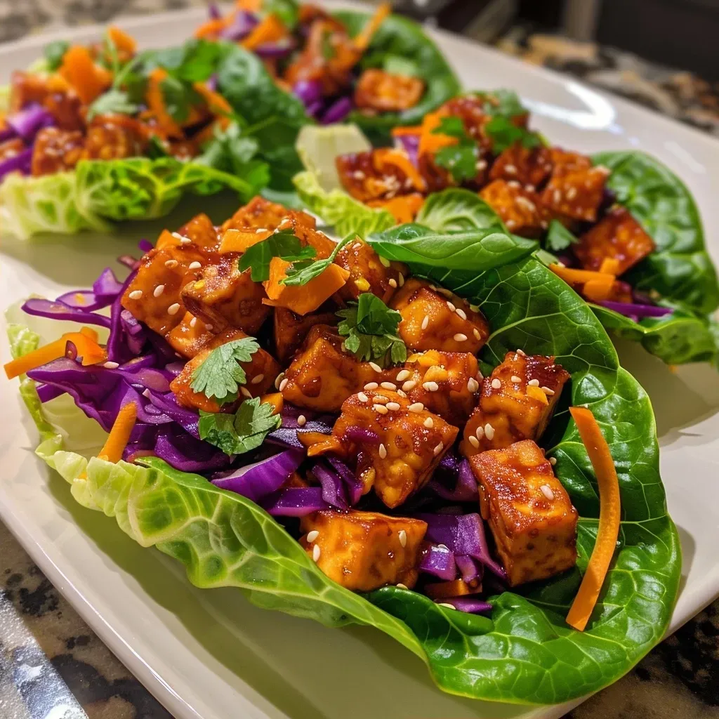 ['A close-up view of bright orange gochujang tempeh inside a crisp lettuce cup.', 'Juicy tempeh mixture with orange glaze, nestled in fresh lettuce leaves.', 'Side angle of colorful tempeh lettuce cups topped with sesame seeds and cilantro.', 'Vibrant lettuce cups filled with orange gochujang tempeh and garnished with purple cabbage.']